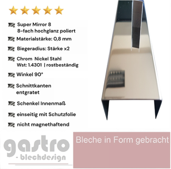 U profil aus Edelstahl Hochglanz poliert